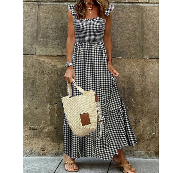 Boho Gingham Print Ruffle Sleeve Maxi Dress - Picture 3 of 7
